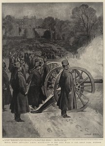 Koninklijke Rijdende Artillerie die minuutkanonnen afvuurt in de Lange Wandelgang in het Grote Park, Windsor