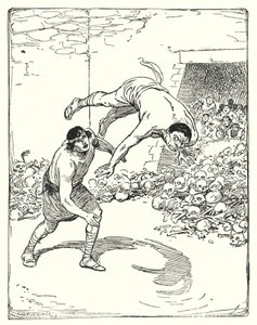 Theseus: "Theseus gooide hem recht over zijn schouder op de grond" (litho) door George Soper