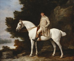 Een heer op een grijs paard in een rotsachtig bebost landschap, 1781