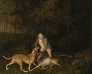 Freeman, de jachtopziener van de graaf van Clarendon, met een stervende hinde en jachthond door George Stubbs
