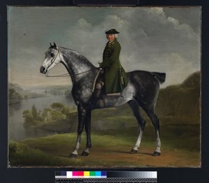 Joseph Smyth Esquire, luitenant van Whittlebury Forest, Northamptonshire, op een schimmel, ca. 1762-64 door George Stubbs