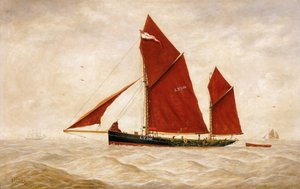 Een vissersschuit van de Lowestoft Company, met zijn kenmerkende rode zeilen