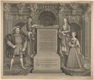 Hendrik VII en de familie van Hendrik VIII in Whitehall Palace door George Vertue after Hans Holbein the Younger