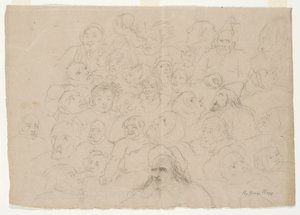 Zonder titel - Talrijke portretschetsen, ruw getekend, van mannen, vrouwen en kinderen door George Whiting Flagg