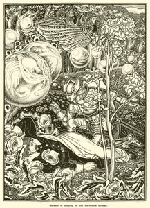 Pas op voor slapen op de Betoverde Grond (gravure) door George Woolliscroft Rhead