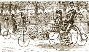 Een gravure die passagiers toont in fietskarren