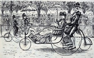 Een gravure die passagiers toont in fietskarren