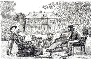 Een gravure die typisch vlechtwerkmeubilair afbeeldt. Geïllustreerd door George du Maurier door George du Maurier