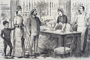 Cartoon over de wankele kennis van het metrieke stelsel van de gemiddelde Engelsman door George du Maurier