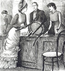 Cartoon die commentaar geeft op de werkomstandigheden van winkelbedienden door George du Maurier