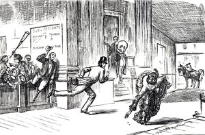 Cartoon die dokter Meilanion Jones afbeeldt, die zichzelf ingehaald ziet in de race om patiënten door de mooie dokteres Atlanta Robinson door George du Maurier