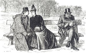 Cartoon die een stel toont dat liefkozingen uitwisselt op een parkbank, terwijl de man naast hen afkeurend toekijkt door George du Maurier