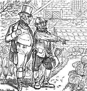 Cartoon die een heer met de tuinman in de groentetuin toont door George du Maurier