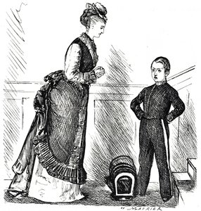 Cartoon van een brutale jongen die zijn moeder ongehoorzaam is door George du Maurier