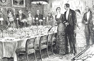 Cartoon getiteld "Going into Dinner" die een jong stel afbeeldt dat een eetkamer binnenkomt door George du Maurier