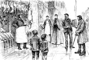 Gravure die een slager en poelier afbeeldt die voor zijn kerstetalage wordt gefotografeerd door George du Maurier. George du Maurier (1834-1896) een Frans-Britse cartoonist en auteur. Gedateerd 19e eeuw door George du Maurier