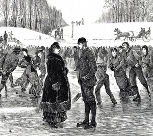 Gravure die een middelbaar echtpaar afbeeldt dat schaatst