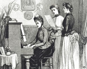 Gravure van jonge dames die zingen in de salon door George du Maurier