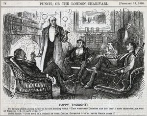 Heren verzameld in de rookkamer, rokend na het diner. George du Maurier cartoon uit Punch, Londen 1886