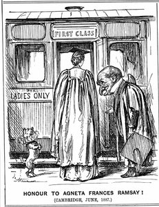 Mr Punch buigt voor Agneta Frances Ramsay die met First Class Honours slaagde, maar geen graad kon ontvangen omdat Cambridge deze op dat moment niet aan vrouwen toekende. George du Maurier cartoon uit Punch, Londen, 2 juli 1887 (gravure) door George du Maurier