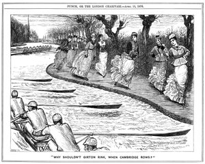 Rolschaatsen zeer in de mode. Damesstudenten van Girton zwaaien naar roeiers op de rivier. George du Maurier cartoon uit Punch, Londen