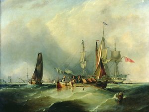 Een oorlogsschip en vissersboten bij Southsea