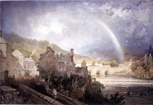 Dorp en Brug van Llangollen, Noord-Wales, met Regenboogeffect door George the Younger Barret