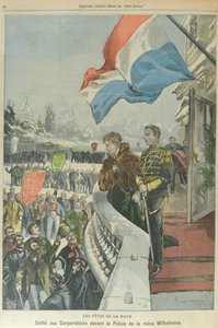 Processie van Corporaties in Den Haag voor Koningin Wilhelmina van Nederland ter viering van haar huwelijk met Hertog Hendrik van Mecklenburg, februari 1901 door Georges (after) Carrey