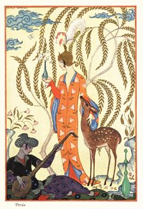 Een vrouw houdt een parfumfles vast, oud Perzië door Georges Barbier