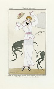 Ontwerp voor witte jurk met roze afwerking en gehaakte riem, uit Costumes Parisien, uitgegeven 1912 door Georges Barbier