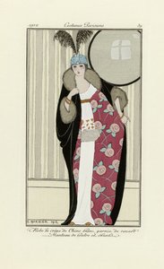 Ontwerp voor jurk gemaakt van Crêpe de Chine en Bontjas, uit Costumes Parisien, pub.1912