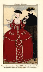 Verkleedkostuums door Longhi. Vrouw in damasten jurk afgezet met wit, cape van zwarte tafzijde en kant. Handgekleurde pochoir (stencil) ets door Georges Barbier