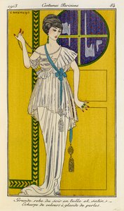 Grande robe du soir en tulle et satin. Echarpe de velours à glands de perles. Costumes Parisiens no.37