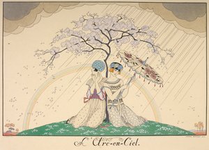 De regenboog. Twee vrouwen schuilen voor de regen onder een boom, een regenboog is te zien op de achtergrond. door Georges Barbier