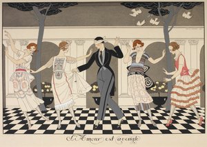 Liefde is blind. Een geblinddoekte man danst met vier vrouwen. door Georges Barbier