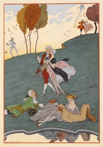 Les Ingenus. Een aantal mannen en vrouwen. Een man die een vlieger oplaat. Een faun.