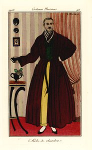 Man in kamerjas over gele broek en groen vest. Robe de chambre. Handgekleurde pochoir (stencil) ets naar een illustratie van George Barbier uit Tommaso Antongini’s Journal des Dames et des Modes, Aux Bureaux du Journal des Dames, Parijs door Georges Barbier
