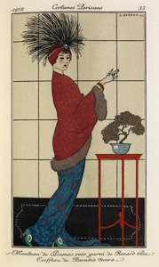 Manteau de Damas rose garni de Renard bleu Coiffure de Paradis noirs. Costumes Parisiens no.35 door Georges Barbier