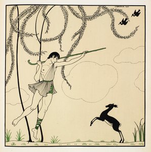 "Narcisse". Scène uit Narcisse, een klassiek ballet uitgevoerd in één akte. Narcisse ging in première in 1911 in Monte Carlo. De jongen danst in de lucht en draagt een herdersstaf, een lam staat op zijn achterpoten. door Georges Barbier