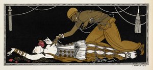 Nijinsky als de Gouden Slaaf in Sheherazade, een symfonische suite gecomponeerd door Nikolai Rimsky-Korsakov in 1888. Sheherazade ligt hier op haar sterfbed, de gouden slaaf buigt zich over haar heen door Georges Barbier