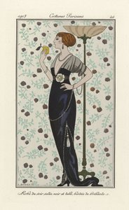 Avondjurk van zwarte satijn en tule met glinsterende randen, uit Costumes Parisien, uitgegeven in 1913