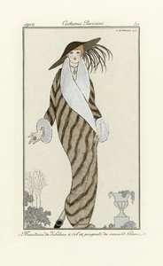 Sabeljas met witte vossenbont, uit Costumes Parisien, uitgegeven 1912 door Georges Barbier