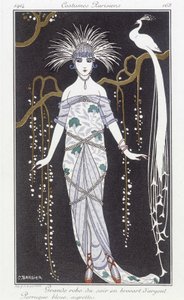 Zilveren brokaat avondjurk en pruik - Illustratie door George Barbier (1882-1932). in 