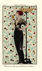 Vrouw in avondjurk van zwarte satijn en tule, afgezet met brillanten. Handgekleurde pochoir (stencil) ets naar een illustratie van George Barbier uit Tommaso Antongini