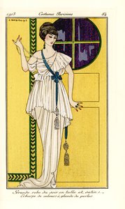 Vrouw in luxueuze avondjurk van tule en satijn, groene fluwelen sjerp met parelkwast. Handgekleurde pochoir (stencil) ets naar een illustratie van George Barbier uit Tomm