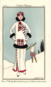 Vrouw in outfit voor St. Moritz in witte frieze met skunk trim en wol borduurwerk