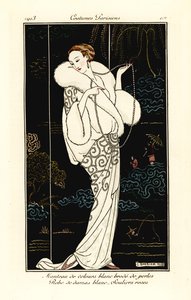 Vrouw in fluwelen cape, damasten jurk en roze pantoffels door Georges Barbier