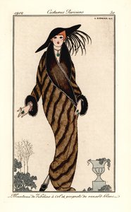 Vrouw in zibeline jas met kraag en manchetten in witte vossenbont door Georges Barbier