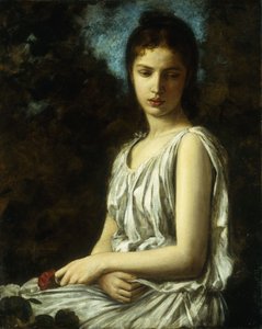 Een jonge vrouw in klassieke kleding, met een rode roos door Georges Bellanger
