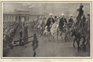 De begrafenisstoet bij Hyde Park Corner, koninklijke rouwenden betreden het park door Georges Bertin Scott